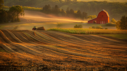 Idyllic farmland with a modern tractor. - 788315213