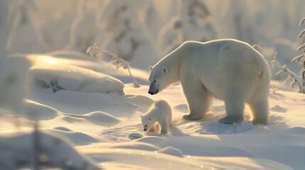 a beautiful polar bear on a snow covered mountain enjoying weather with his cub