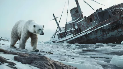  a middle aged polar bear wandering alone along the coastal side beside the wrecked ship © Lutufullah