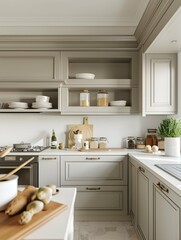 Kitchen decor, modern country interior design, classic English in frame kitchen cabinets, countertop and applience in a country house, elegant cottage style,