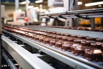 Fototapeta premium Conveyor belt with chocolate candies on production line in factory. Confectionery production, organization of work in workshops