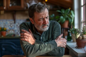 Fototapeta premium Sitting at his desk at home, the senior man grimaced as the pain in his elbow intensified