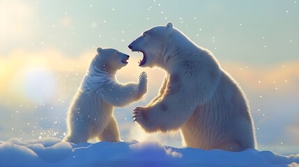a father polar bear and his little cub enjoying weather on the snowy island