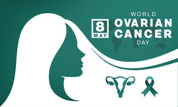 World Ovarian Cancer Day design. It features a woman, an ovary symbol and a teal ribbon Vector illustration