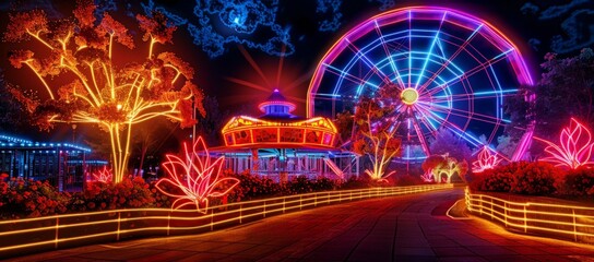 Ferris wheel in the amusement park, as evening approaches, is outlined with neon lights, and neon glows from trees, flowers, and various shops are in a multitude of colors - obrazy, fototapety, plakaty