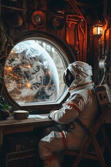 In a clean and tidy cabin, a character wearing a space suit gazes at planet Earth encased in plastic, a stark reminder of environmental vulnerability, 