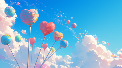 Dreamy skies dotted with whimsical candy balloons and sweet hearts, a fantastical delight of playful serenity