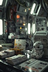 A card depicting two cute cartoons lies on the desk of a spaceship member, adding a touch of home to the sterile environment, 