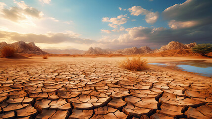 Drought. Desert landscape with cracked soil. Global ecology concept. - obrazy, fototapety, plakaty