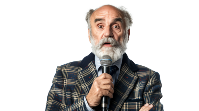portrait of an old businessman holding microphone isolated on white background 