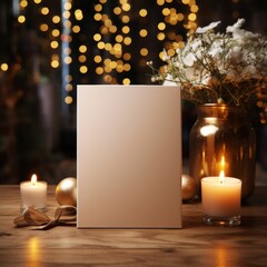 A white sign sits on a table next to a vase of flowers and candles