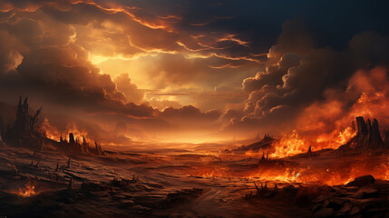 Prairie and steppe fire. Global warming and climate change, global ecology concept. - obrazy, fototapety, plakaty