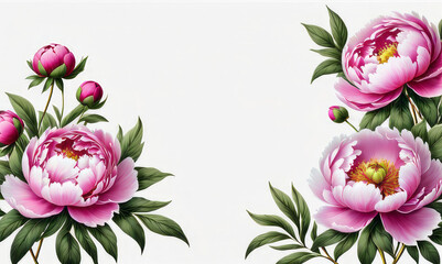 Banner with watercolor peony flowers on light background. Flat lay, top view. Frame template for web, wedding invitation, Mothers and Womans day. Floral composition with copy space. 