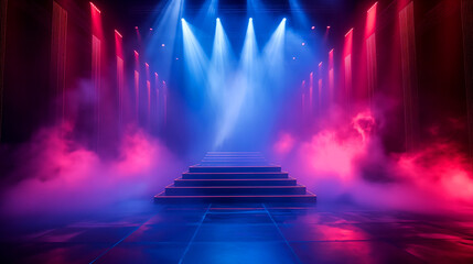 Empty stage with lighting equipment on a stage. Spotlight shines on the stage