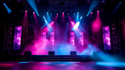 Empty stage with lighting equipment on a stage. Spotlight shines on the stage - obrazy, fototapety, plakaty