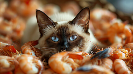A grumpy Siamese cat reclines amidst a pile of crispy tempura shrimp, casting a displeased look at one shrimp that dares to climb onto its belly. The amusing scene captures the feline's discontent  - obrazy, fototapety, plakaty
