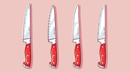 Four Red Knives. Different shapes. Cutlery set. Kitch