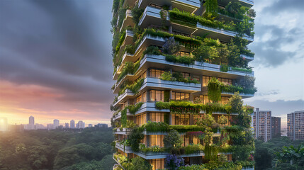 Modern sustainable glass residential building with a lush green vertical garden
