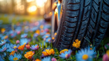 summer tires in the blooming spring in the sun time for summer tiresimage illustration
