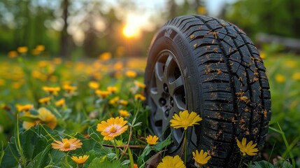 summer tires in the blooming spring in the sun time for summer tiresillustration - obrazy, fototapety, plakaty