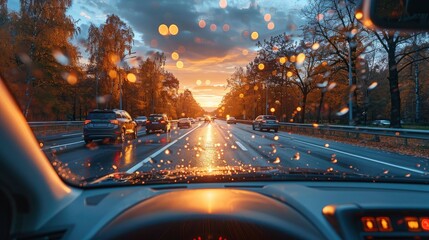 view from inside the car riding on the highway with perspective of driverimage illustration - obrazy, fototapety, plakaty