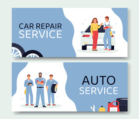 Hand drawn flat mechanic horizontal banner template set collection with employees repairing cars
