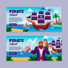 Flat pirates horizontal banner template set collection with a pirate and ship