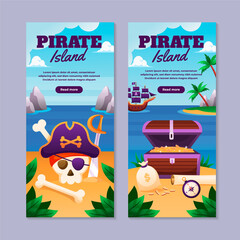 Flat pirates vertical banner template set collection with a skull and a coin chest