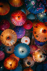 Obraz premium Vertical Cambodia party with coloufull umbrellas and a lot of textures. , Top view.