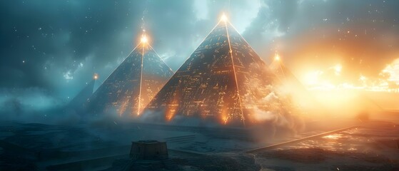 Technotombs: Where Ancient Myth Meets Sci-Fi Glow. Concept Science Fiction, Ancient Mythology, Technology, Glow Effect, Fantasy - obrazy, fototapety, plakaty