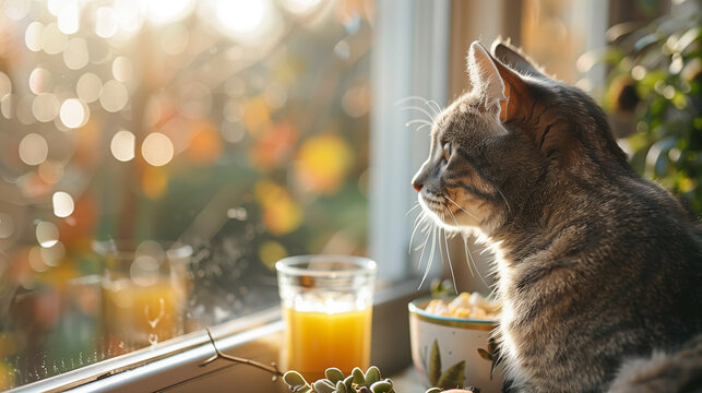 A grey tabby cat perches on a sunny window sill, accompanied by a breakfast setup featuring a bowl of cereal and a glass of orange juice, while gazing out the window with a serene expression.