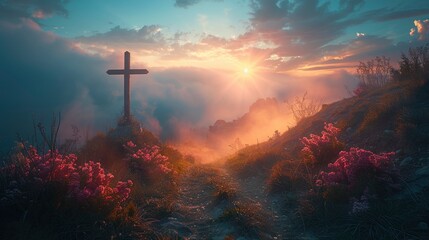 Fototapeta premium holy cross symbolizing the death and resurrection of jesus christ with the sky over golgotha hill is shrouded in light and cloudsimage