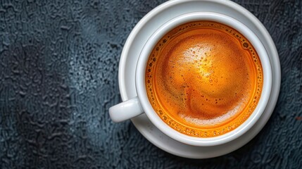 white cup and saucer with freshly brewed strong black espresso coffee with crema isolated beverage design element top view flat layimage illustration - obrazy, fototapety, plakaty