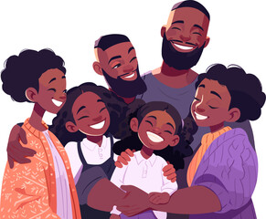 Cartoon of a happy family hugging each other, joy and unity. Family relationship. African american characters. Flat vector illustration.