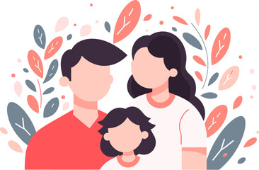 Family with one child surrounded with floral ornament. International family day holiday, flat vector illustration.