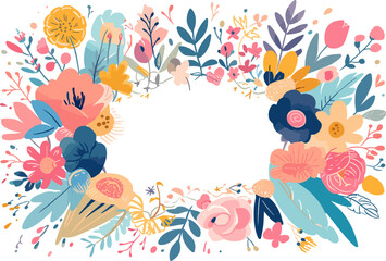 Flat vector illustration of floral wreath with a variety of flowers and leaves, in a whimsical, colorful style on a white background.