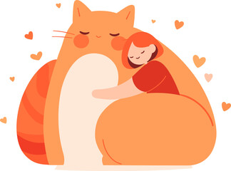 A warm cute vector illustration of a child hugs a large, orange cat surrounded by hearts.