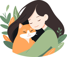 Vector illustration of a smiling woman hugging orange cat, surrounded by stylized green plants. Pets love.