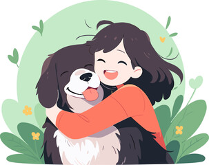 An adorable illustration of girl hugging a large, fluffy dog with a tongue out, surrounded by green plants and flowers. Flat style.