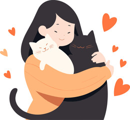 A sweet vector illustration of woman hugs two cats, one white and one black, with hearts around them. Loving pets. Flat design