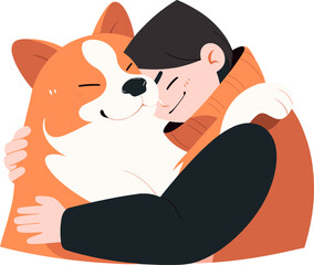 Vector illustration of a boy with a big smile hugging his dog.