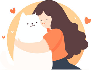 Vector illustration of a girl in an orange shirt hugging a large, fluffy white cat with small hearts around them.
