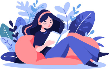 Vector illustration of woman reading a book, sitting on a beanbag, with blue plants in the background. Hobby, studying student.