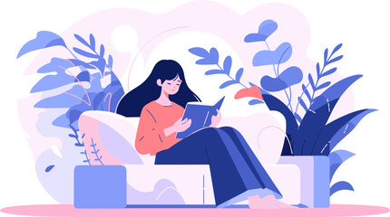 Vector illustration of a woman reading a book comfortably seated outdoors, surrounded by large blue plants and a soft pastel background.