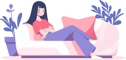 Vector illustration of a relaxed woman lying on a couch in a comfortable home setting. Flat design.