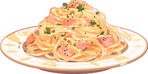Vector illustration of a plate of salmon pasta with garnishes, recipe, culinary symbol. Flat design.