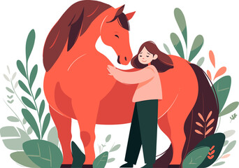 Girl lovingly hugging her horse vector illustration