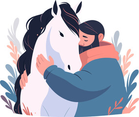 Vector illustration capturing a tender moment between a man and a horse, set against a backdrop of foliage.