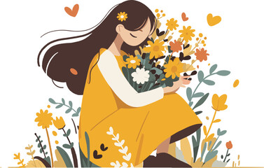 Vector illustration of a girl in a yellow dress joyfully holding a bouquet of wildflowers.