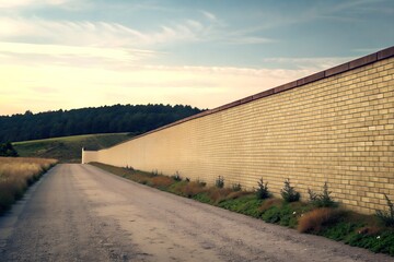Fototapeta premium dirt road next to bordered thick brick wall